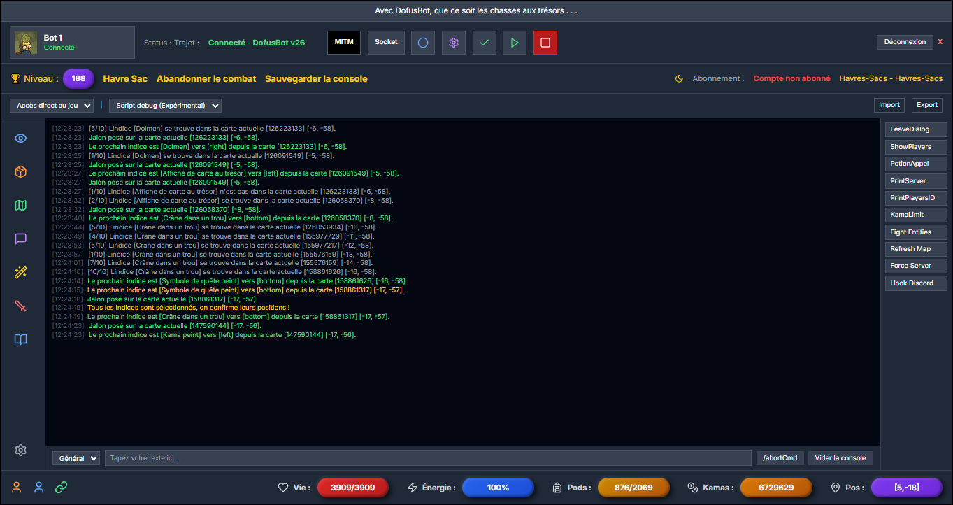 AnkamaBot Interface - Automation Features showing bot console, real-time monitoring, and complete automation controls